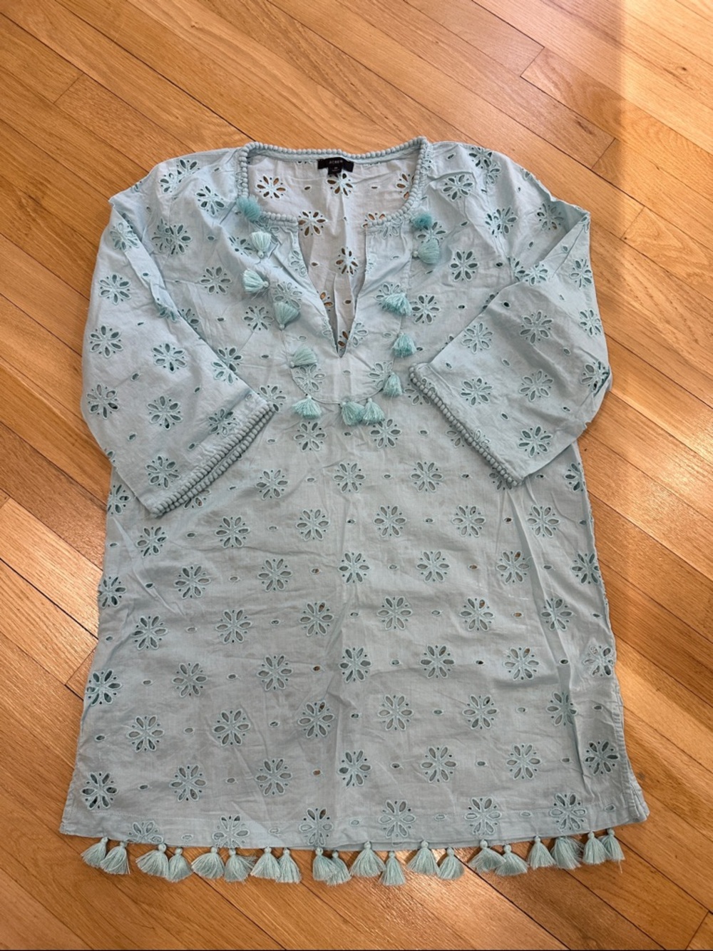 J.Crew aqua Blue Eyelet Pom-Trim cover up
